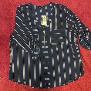 Express Navy Striped V-Neck Blouse with black and white Accents